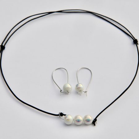 3 White Rainbow Glass Beads on Leather