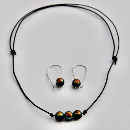 3 Black Rainbow Glass Beads on Leather